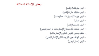 ‫الممكنة‬ ‫االسئلة‬ ‫بعض‬
•‫بخوفك؟‬ ‫ايش‬(‫قلب‬)
•‫متردد‬ ‫بخليك‬ ‫ايش‬(‫قلب‬)
•‫جربت؟‬ ‫ايش‬(‫معلومات‬ ،‫مهارات‬)
•‫صار؟‬ ‫ايش‬
•‫حاسس؟‬ ‫ايش‬(‫قلب‬)
•‫محتاج؟‬ ‫انك‬ ‫بتعتقد‬ ‫ايش‬(‫استرلتيجي‬ ‫او‬ ‫معلومات‬)
•‫القانون؟‬ ‫تغيير‬ ‫بصير‬ ‫كيف‬(‫معلومات‬)
•‫التالي؟‬ ‫التوجه‬ ‫من‬ ‫الهدف‬ ‫ايش‬(‫استراتيجي‬)
•‫ليش‬(‫استراتيجي‬)
 