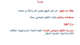 ‫مقدمة‬
-‫النهج‬ ‫عن‬ ‫ة‬ّ‫ي‬‫خلف‬:‫حمالت‬ ‫من‬ ‫وأمثلة‬ ‫أهل‬ ‫وتكوين‬ ‫النهج‬ ‫أصل‬ ‫عن‬.
-‫ومفاهيم‬ ‫مصطلحات‬:‫قيادة‬.‫المجتمعي‬ ‫التنظيم‬.‫حملة‬
-‫ج‬ّ‫ه‬‫الن‬ ‫روح‬:
-‫الت‬ ‫ممارسات‬‫ن‬‫المجتمعي‬ ‫ظيم‬‫الخمسة‬:‫العالقات‬ ،‫االستراتيجية‬ ،‫العامة‬ ‫القصة‬
‫ز‬ّ‫ف‬‫المح‬ ‫التصرف‬ ،‫االلتزامية،البنية‬.
 