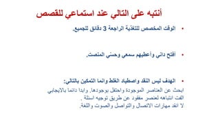 ‫للقصص‬ ‫استماعي‬ ‫عند‬ ‫التالي‬ ‫على‬ ‫أنتبه‬
•‫الراجعة‬ ‫للتغذية‬ ‫المخصص‬ ‫الوقت‬3‫للجميع‬ ‫دقائق‬.
•‫المنصت‬ ‫ي‬ّ‫س‬‫وح‬ ‫سمعي‬ ‫وأعطيهم‬ ‫داني‬ ‫أفتح‬.
•‫بالتالي‬ ‫التمكين‬ ‫وانما‬ ‫الغلط‬ ‫واصطياد‬ ‫النقد‬ ‫ليس‬ ‫الهدف‬:
‫بوجودها‬ ‫واحتفل‬ ‫الموجودة‬ ‫العناصر‬ ‫عن‬ ‫ابحث‬.‫بااليجاب‬ ‫دائما‬ ‫وابدا‬‫ي‬
‫الفت‬‫اسئلة‬ ‫توجيه‬ ‫طريق‬ ‫عن‬ ‫مفقود‬ ‫لعنصر‬ ‫انتباهه‬.
‫ال‬‫واللغة‬ ‫والصوت‬ ‫والتواصل‬ ‫االتصال‬ ‫مهارات‬ ‫انقد‬.
 