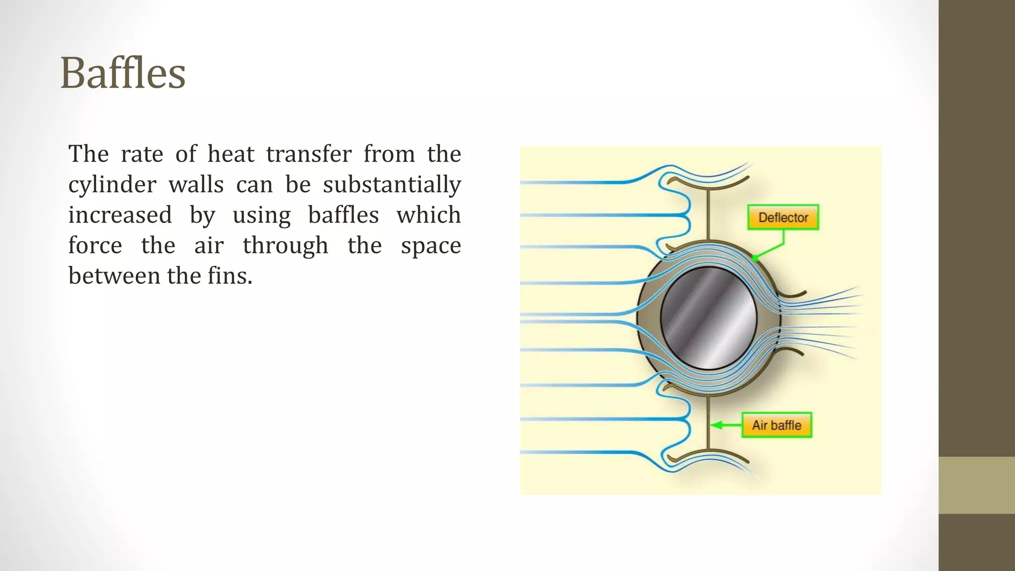 Baffles
The rate of heat transfer from the
cylinder walls can be substantially
increased by using baffles which
force the air through the space
between the fins.
 