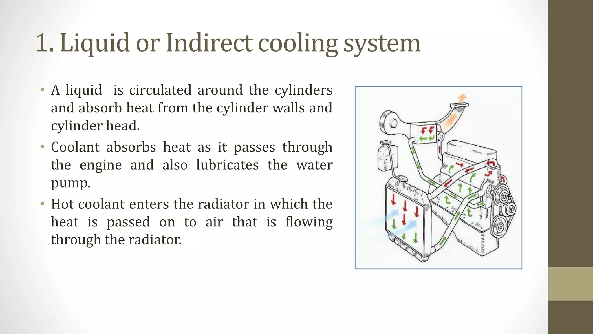 1. Liquid or Indirect cooling system
• A liquid is circulated around the cylinders
and absorb heat from the cylinder walls and
cylinder head.
• Coolant absorbs heat as it passes through
the engine and also lubricates the water
pump.
• Hot coolant enters the radiator in which the
heat is passed on to air that is flowing
through the radiator.
 