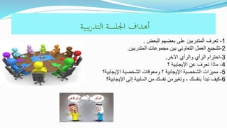 ‫يبية‬‫ر‬‫التد‬ ‫اجللسة‬ ‫أهداف‬
1-‫البعض‬ ‫بعضهم‬ ‫على‬ ‫المتدربين‬ ‫تعرف‬.
2-‫المتدربين‬ ‫مجموعات‬ ‫بين‬ ‫التعاوني‬ ‫العمل‬ ‫تشجيع‬.
3-‫اآلخر‬ ‫والرأي‬ ‫الرأي‬ ‫احترام‬.
4-‫؟‬ ‫اإليجابية‬ ‫عن‬ ‫تعرف‬ ‫ماذا‬
5-‫اإليجابية؟‬ ‫الشخصية‬ ‫ومعوقات‬ ‫؟‬ ‫اإليجابية‬ ‫الشخصية‬ ‫مميزات‬
6-‫اإليجابية؟‬ ‫إلى‬ ‫السلبية‬ ‫من‬ ‫نفسك‬ ‫وتغيرمن‬ ، ‫بنفسك‬ ‫تبدأ‬ ‫كيف‬
 