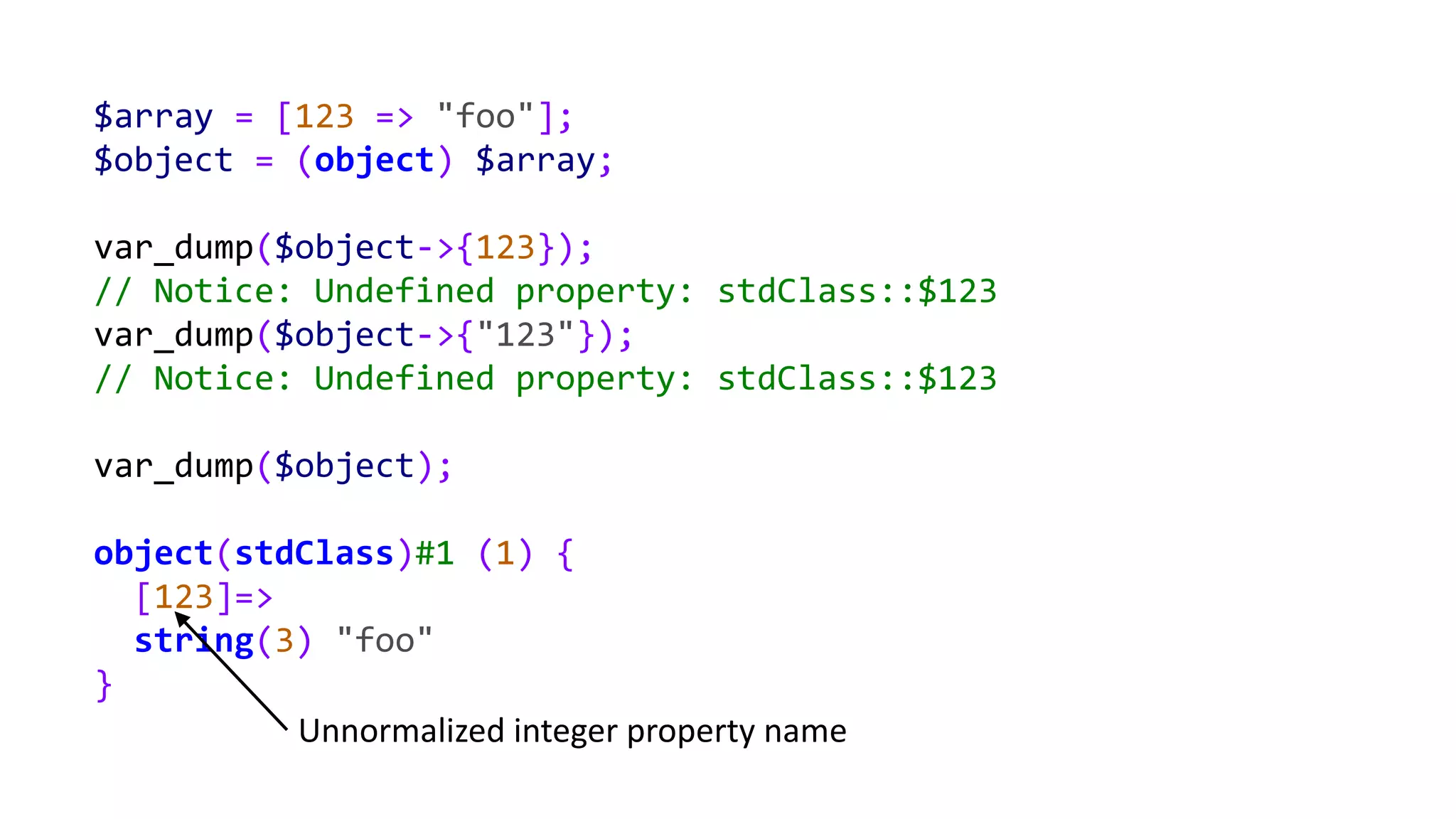 $array = [123 => "foo"];
$object = (object) $array;
var_dump($object->{123});
// Notice: Undefined property: stdClass::$123
var_dump($object->{"123"});
// Notice: Undefined property: stdClass::$123
var_dump($object);
object(stdClass)#1 (1) {
[123]=>
string(3) "foo"
}
Unnormalized integer property name
 