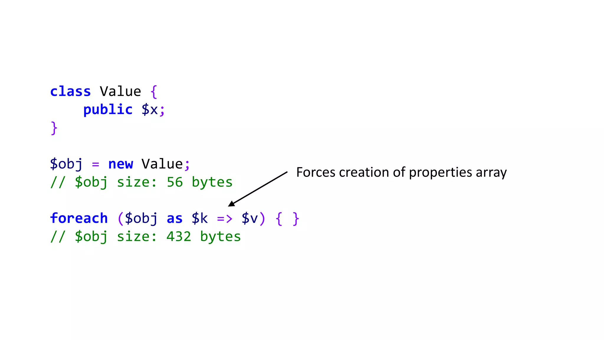 class Value {
public $x;
}
$obj = new Value;
// $obj size: 56 bytes
foreach ($obj as $k => $v) { }
// $obj size: 432 bytes
Forces creation of properties array
 