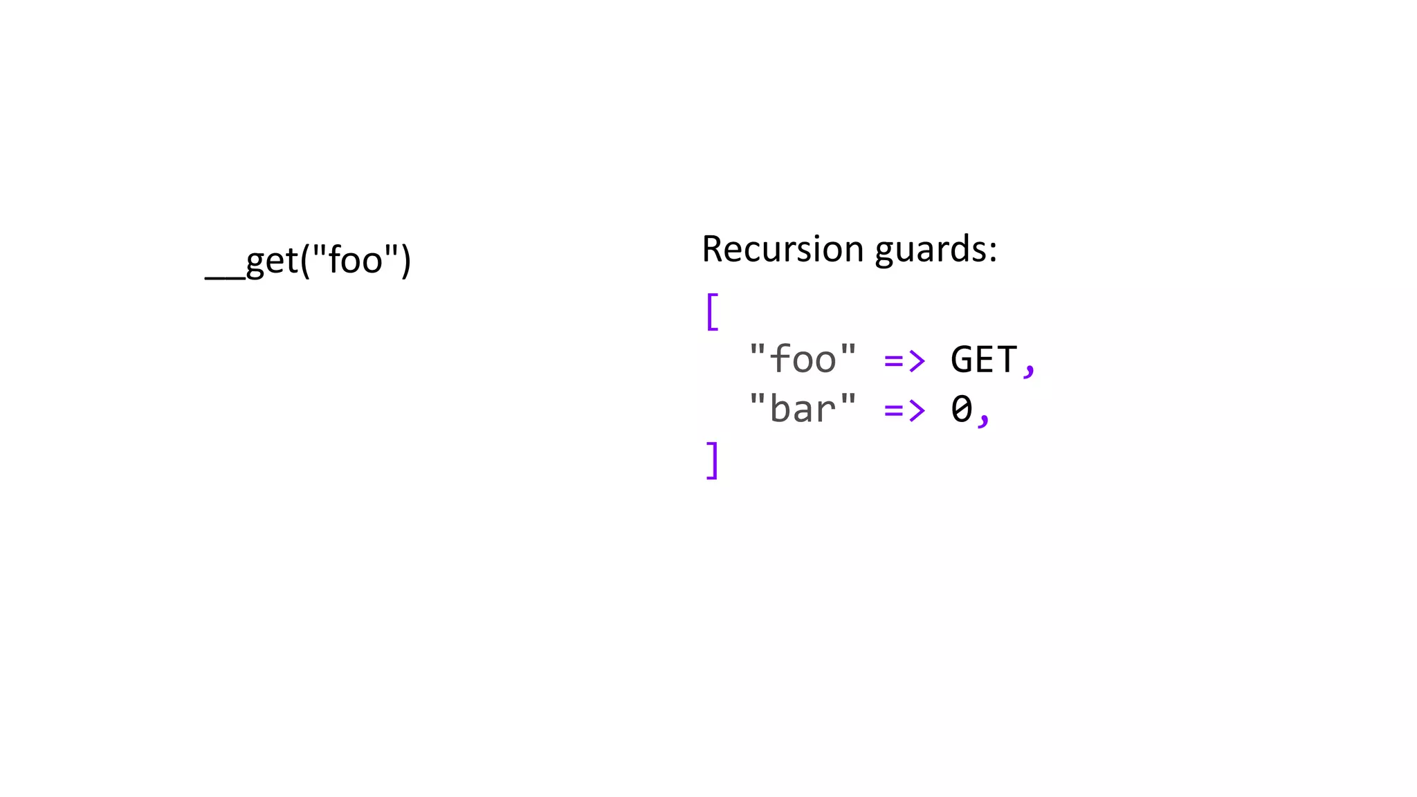 __get("foo")
[
"foo" => GET,
"bar" => 0,
]
Recursion guards:
 