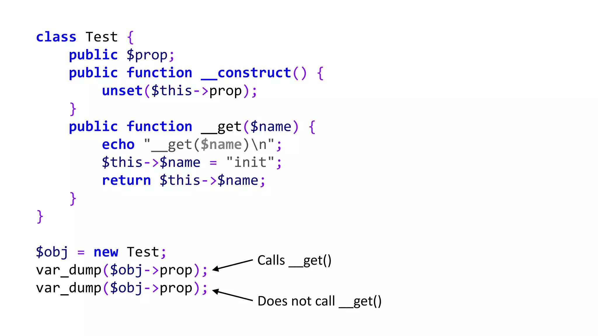 class Test {
public $prop;
public function __construct() {
unset($this->prop);
}
public function __get($name) {
echo "__get($name)n";
$this->$name = "init";
return $this->$name;
}
}
$obj = new Test;
var_dump($obj->prop);
var_dump($obj->prop);
Calls __get()
Does not call __get()
 