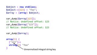 $object = new stdClass;
$object->{123} = "foo";
$array = (array) $object;
var_dump($array[123]);
// Notice: Undefined offset: 123
var_dump($array["123"]);
// Notice: Undefined offset: 123
var_dump($array);
array(1) {
["123"]=>
string(3) "foo"
}
Unnormalized integral string key
 
