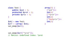 class Test {
public $pub = 1;
protected $prot = 2;
private $priv = 3;
}
$obj = new Test;
$arr = (array) $obj;
var_dump($arr);
var_dump($arr["*prot"]);
// Notice: Undefined index: *prot
array(3) {
["pub"]=>
int(1)
["*prot"]=>
int(2)
["Testpriv"]=>
int(3)
}
 