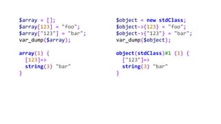 $array = [];
$array[123] = "foo";
$array["123"] = "bar";
var_dump($array);
array(1) {
[123]=>
string(3) "bar"
}
$object = ...