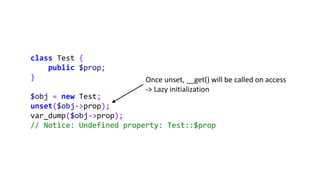 class Test {
public $prop;
}
$obj = new Test;
unset($obj->prop);
var_dump($obj->prop);
// Notice: Undefined property: Test...