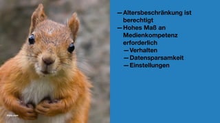 —Altersbeschränkung ist
berechtigt
—Hohes Maß an
Medienkompetenz
erforderlich
—Verhalten
—Datensparsamkeit
—Einstellungen
friolz.com
 