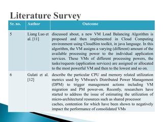 Sr. no. Author Outcome
5 Liang Luo et
al. [11]
discussed about, a new VM Load Balancing Algorithm is
proposed and then implemented in Cloud Computing
environment using CloudSim toolkit, in java language. In this
algorithm, the VM assigns a varying (different) amount of the
available processing power to the individual application
services. These VMs of different processing powers, the
tasks/requests (application services) are assigned or allocated
to the most powerful VM and then to the lowest and so on.
6 Gulati et al.
[12]
describe the particular CPU and memory related utilization
metrics used by VMware's Distributed Power Management
(DPM) to trigger management actions including VM
migration and PM power-on. Recently, researchers have
started to address the issue of estimating the utilization of
micro-architectural resources such as shared processor
caches, contention for which have been shown to negatively
impact the performance of consolidated VMs
 