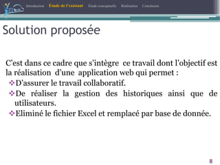8
Introduction Étude de l’existant Étude conceptuelle Réalisation Conclusion
Solution proposée
C’est dans ce cadre que s’intègre ce travail dont l’objectif est
la réalisation d’une application web qui permet :
D’assurer le travail collaboratif.
De réaliser la gestion des historiques ainsi que de
utilisateurs.
Eliminé le fichier Excel et remplacé par base de donnée.
 