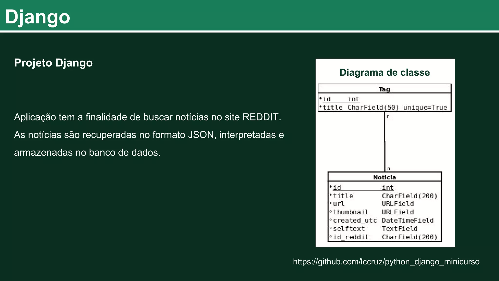 Django https://github.com/lccruz/python_django_minicurso Projeto Django Aplicação tem a finalidade de buscar notícias no site REDDIT. As notícias são recuperadas no formato JSON, interpretadas e armazenadas no banco de dados. Diagrama de classe 