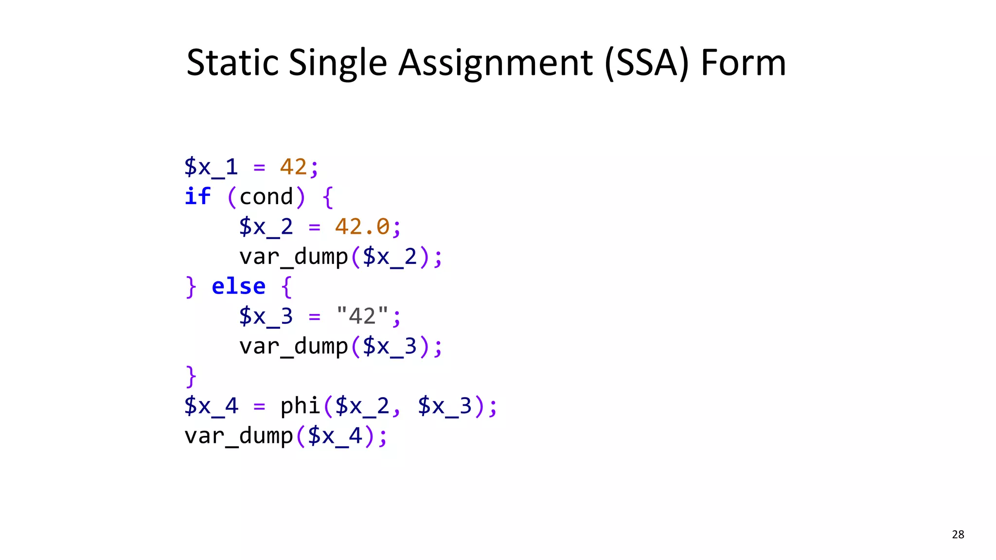 28
Static Single Assignment (SSA) Form
$x_1 = 42;
if (cond) {
$x_2 = 42.0;
var_dump($x_2);
} else {
$x_3 = "42";
var_dump($x_3);
}
$x_4 = phi($x_2, $x_3);
var_dump($x_4);
 