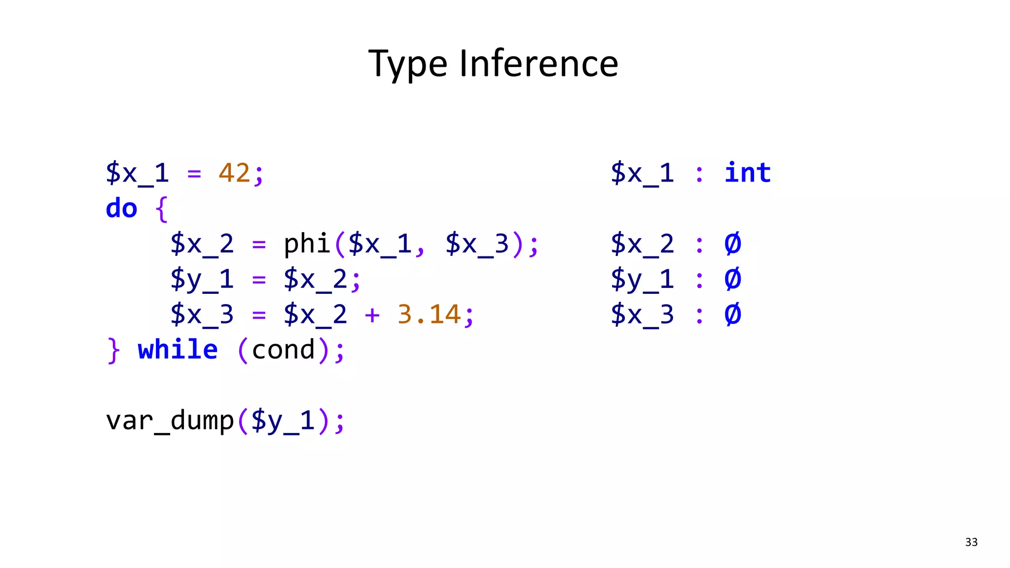 33
Type Inference
$x_1 = 42;
do {
$x_2 = phi($x_1, $x_3);
$y_1 = $x_2;
$x_3 = $x_2 + 3.14;
} while (cond);
var_dump($y_1);
$x_1 : int
$x_2 : ∅
$y_1 : ∅
$x_3 : ∅
 