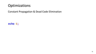 16
Optimizations
Constant Propagation & Dead Code Elimination
echo 6;
 
