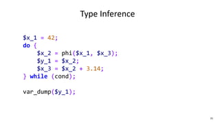 31
Type Inference
$x_1 = 42;
do {
$x_2 = phi($x_1, $x_3);
$y_1 = $x_2;
$x_3 = $x_2 + 3.14;
} while (cond);
var_dump($y_1);
 