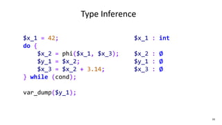 33
Type Inference
$x_1 = 42;
do {
$x_2 = phi($x_1, $x_3);
$y_1 = $x_2;
$x_3 = $x_2 + 3.14;
} while (cond);
var_dump($y_1);
$x_1 : int
$x_2 : ∅
$y_1 : ∅
$x_3 : ∅
 