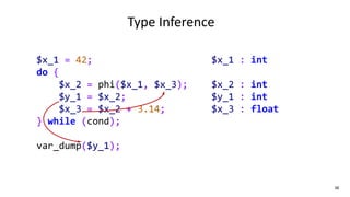 38
Type Inference
$x_1 = 42;
do {
$x_2 = phi($x_1, $x_3);
$y_1 = $x_2;
$x_3 = $x_2 + 3.14;
} while (cond);
var_dump($y_1);
$x_1 : int
$x_2 : int
$y_1 : int
$x_3 : float
 