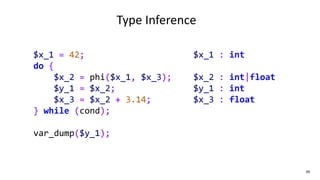 39
Type Inference
$x_1 = 42;
do {
$x_2 = phi($x_1, $x_3);
$y_1 = $x_2;
$x_3 = $x_2 + 3.14;
} while (cond);
var_dump($y_1);
$x_1 : int
$x_2 : int|float
$y_1 : int
$x_3 : float
 