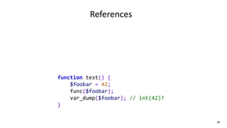 48
function test() {
$foobar = 42;
func($foobar);
var_dump($foobar); // int(42)?
}
References
 