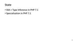 70
State
• SSA + Type Inference in PHP 7.1
• Specialization in PHP 7.1
 