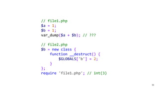 55
// file1.php
$a = 1;
$b = 1;
var_dump($a + $b); // ???
// file2.php
$b = new class {
function __destruct() {
$GLOBALS['...