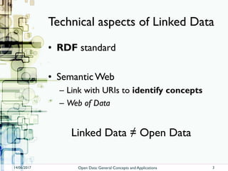Technical aspects of Linked Data
• RDF standard
• SemanticWeb
– Link with URIs to identify concepts
– Web of Data
Linked Data ≠ Open Data
14/06/2017 Open Data: General Concepts and Applications 3
 