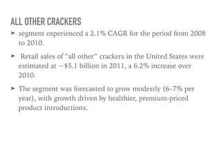 ALL OTHER CRACKERS
➤ segment experienced a 2.1% CAGR for the period from 2008
to 2010.
➤ Retail sales of “all other” crackers in the United States were
estimated at ~$5.1 billion in 2011, a 6.2% increase over
2010.
➤ The segment was forecasted to grow modestly (6–7% per
year), with growth driven by healthier, premium-priced
product introductions.
 