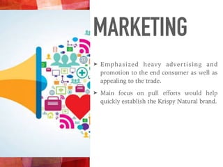 MARKETING
➤ Emphasized heavy advertising and
promotion to the end consumer as well as
appealing to the trade.
➤ Main focus on pull eﬀorts would help
quickly establish the Krispy Natural brand.
 