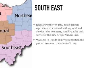 SOUTH EAST
➤ Regular Pemberton DSD route delivery
representatives worked with regional and
district sales managers, handling sales and
service of the new Krispy Natural line.
➤ Was able to test its ability to reposition the
product to a more premium oﬀering.
 