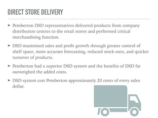 DIRECT STORE DELIVERY
➤ Pemberton DSD representatives delivered products from company
distribution centres to the retail stores and performed critical
merchandising function.
➤ DSD maximised sales and proﬁt growth through greater control of
shelf space, more accurate forecasting, reduced stock-outs, and quicker
turnover of products.
➤ Pemberton had a superior DSD system and the beneﬁts of DSD far
outweighed the added costs.
➤ DSD system cost Pemberton approximately 20 cents of every sales
dollar.
 