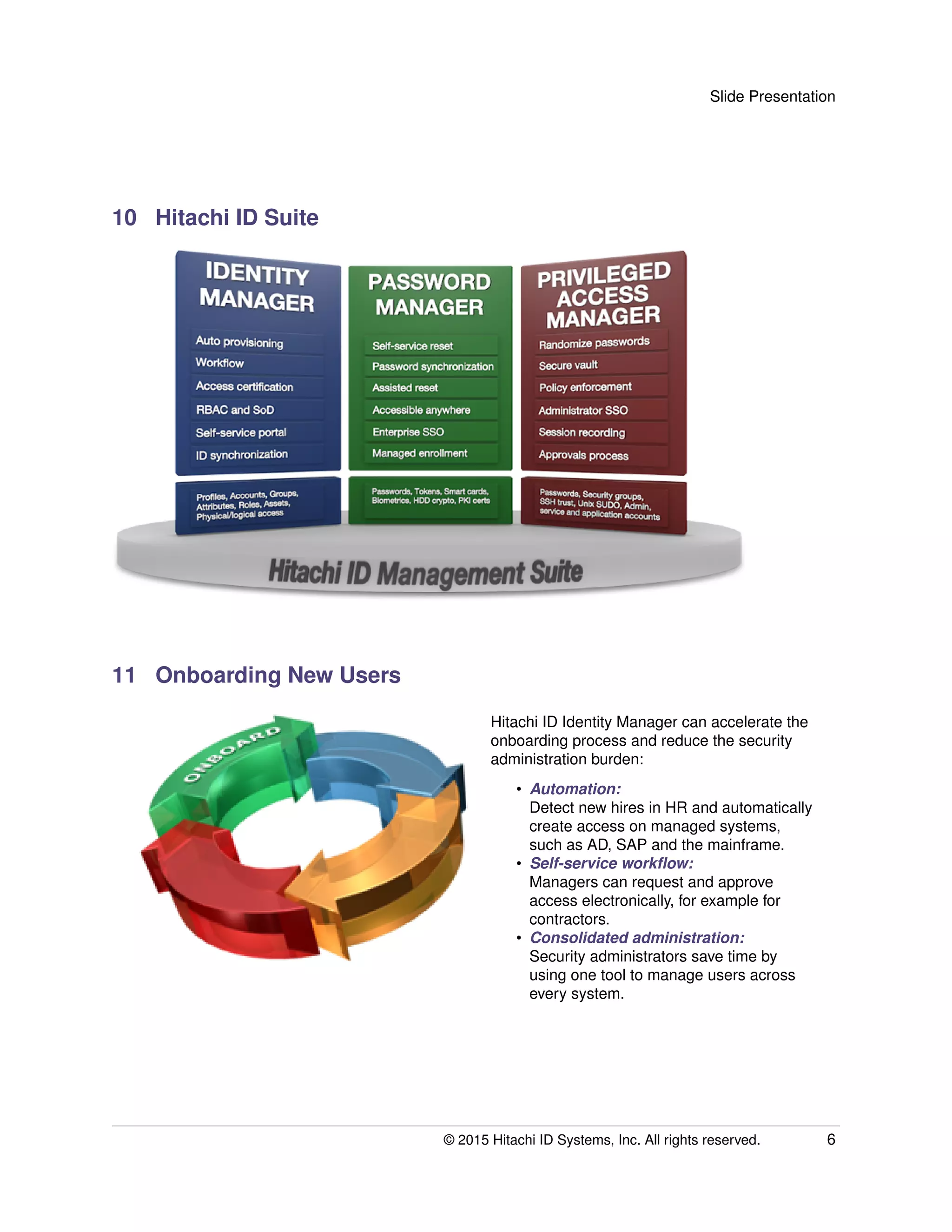Slide Presentation
10 Hitachi ID Suite
11 Onboarding New Users
Hitachi ID Identity Manager can accelerate the
onboarding process and reduce the security
administration burden:
• Automation:
Detect new hires in HR and automatically
create access on managed systems,
such as AD, SAP and the mainframe.
• Self-service workﬂow:
Managers can request and approve
access electronically, for example for
contractors.
• Consolidated administration:
Security administrators save time by
using one tool to manage users across
every system.
© 2015 Hitachi ID Systems, Inc. All rights reserved. 6
 