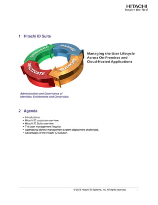 1 Hitachi ID Suite
Managing the User Lifecycle
Across On-Premises and
Cloud-Hosted Applications
Administration and Governance of
Identities, Entitlements and Credentials.
2 Agenda
• Introductions.
• Hitachi ID corporate overview.
• Hitachi ID Suite overview.
• The user management lifecycle.
• Addressing identity management system deployment challenges.
• Advantages of the Hitachi ID solution.
© 2015 Hitachi ID Systems, Inc. All rights reserved. 1
 