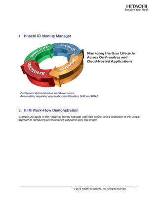1 Hitachi ID Identity Manager
Managing the User Lifecycle
Across On-Premises and
Cloud-Hosted Applications
Entitlement Administration and Governance:
Automation, requests, approvals, recertiﬁcation, SoD and RBAC.
2 HiIM Work-Flow Demonstration
Example use cases of the Hitachi ID Identity Manager work-ﬂow engine, and a description of the unique
approach to conﬁguring and maintaining a dynamic work-ﬂow system.
© 2015 Hitachi ID Systems, Inc. All rights reserved. 1
 