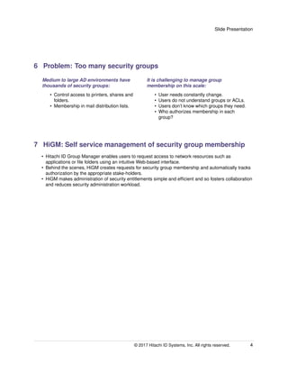 Slide Presentation
6 Problem: Too many security groups
Medium to large AD environments have
thousands of security groups:
It is challenging to manage group
membership on this scale:
• Control access to printers, shares and
folders.
• Membership in mail distribution lists.
• User needs constantly change.
• Users do not understand groups or ACLs.
• Users don’t know which groups they need.
• Who authorizes membership in each
group?
7 HiGM: Self service management of security group membership
• Hitachi ID Group Manager enables users to request access to network resources such as
applications or ﬁle folders using an intuitive Web-based interface.
• Behind the scenes, HiGM creates requests for security group membership and automatically tracks
authorization by the appropriate stake-holders.
• HiGM makes administration of security entitlements simple and efﬁcient and so fosters collaboration
and reduces security administration workload.
© 2017 Hitachi ID Systems, Inc. All rights reserved. 4
 