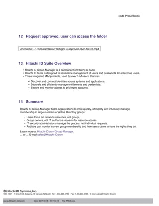 Slide Presentation
12 Request approved, user can access the folder
Animation: ../../pics/camtasia/v10/higm-C-approved-open-ﬁle-nb.mp4
13 Hitachi ID Suite Overview
• Hitachi ID Group Manager is a component of Hitachi ID Suite.
• Hitachi ID Suite is designed to streamline management of users and passwords for enterprise users.
• Three integrated IAM products, used by over 14M users, that can:
– Discover and connect identities across systems and applications.
– Securely and efﬁciently manage entitlements and credentials.
– Secure and monitor access to privileged accounts.
14 Summary
Hitachi ID Group Manager helps organizations to more quickly, efﬁciently and intuitively manage
membership in large numbers of Active Directory groups:
• Users focus on network resources, not groups.
• Group owners, not IT, authorize requests for resource access.
• IT security administrators manage the process, not individual requests.
• Auditors can monitor current group membership and how users came to have the rights they do.
Learn more at Hitachi-ID.com/Group-Manager.
... or ... E-mail sales@Hitachi-ID.com
www.Hitachi-ID.com
500, 1401 - 1 Street SE, Calgary AB Canada T2G 2J3 Tel: 1.403.233.0740 Fax: 1.403.233.0725 E-Mail: sales@Hitachi-ID.com
Date: 2017-03-15 | 2017-03-15 File: PRCS:pres
 