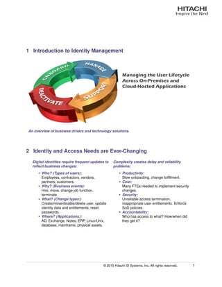 1 Introduction to Identity Management
Managing the User Lifecycle
Across On-Premises and
Cloud-Hosted Applications
An overview of business drivers and technology solutions.
2 Identity and Access Needs are Ever-Changing
Digital identities require frequent updates to
reﬂect business changes:
Complexity creates delay and reliability
problems:
• Who? (Types of users):
Employees, contractors, vendors,
partners, customers.
• Why? (Business events):
Hire, move, change job function,
terminate.
• What? (Change types:)
Create/move/disable/delete user, update
identity data and entitlements, reset
passwords.
• Where? (Applications:)
AD, Exchange, Notes, ERP, Linux/Unix,
database, mainframe, physical assets.
• Productivity:
Slow onboarding, change fulﬁllment.
• Cost:
Many FTEs needed to implement security
changes.
• Security:
Unreliable access termination,
inappropriate user entitlements. Enforce
SoD policies.
• Accountability:
Who has access to what? How/when did
they get it?
© 2015 Hitachi ID Systems, Inc. All rights reserved. 1
 