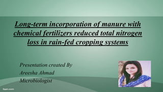 Long-term incorporation of manure with
chemical fertilizers reduced total nitrogen
loss in rain-fed cropping systems
Presentation created By
Areesha Ahmad
Microbiologist
 