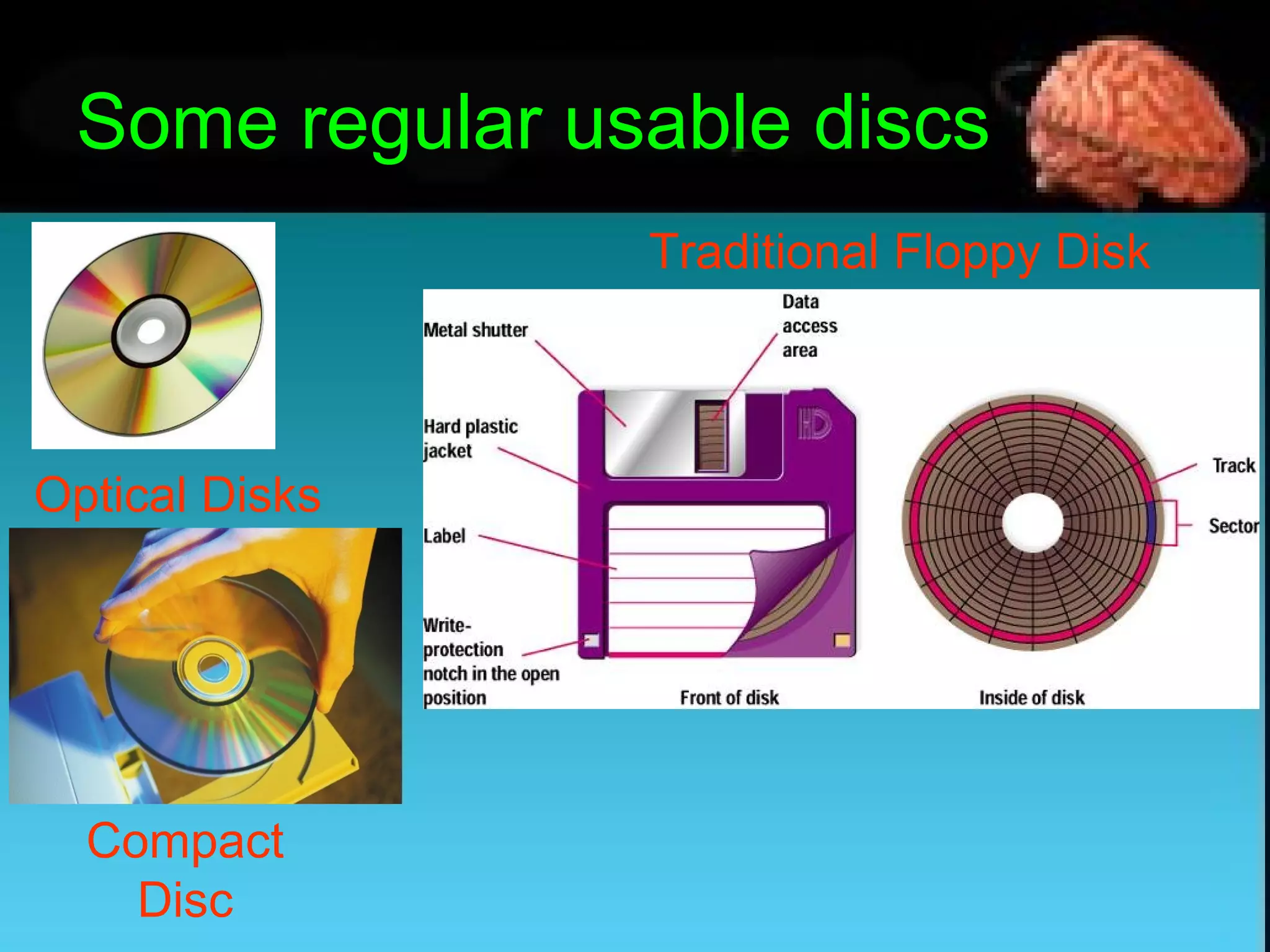 Some regular usable discs
Traditional Floppy Disk
Optical Disks
Compact
Disc
 