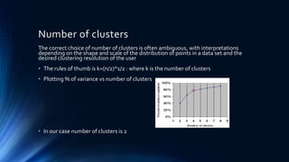 Number of clusters
The correct choice of number of clusters is often ambiguous, with interpretations
depending on the shape and scale of the distribution of points in a data set and the
desired clustering resolution of the user
• The rules of thumb is k=(n/2)^1/2 : where k is the number of clusters
• Plotting % of variance vs number of clusters
• In our case number of clusters is 2
 