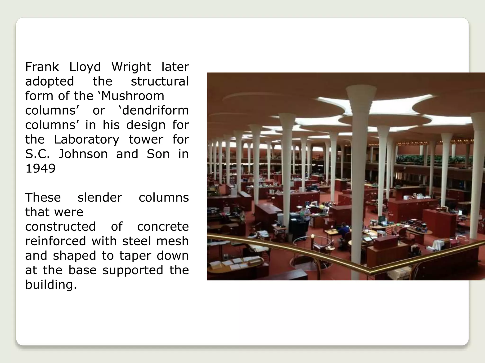 Frank Lloyd Wright later
adopted the structural
form of the ‘Mushroom
columns’ or ‘dendriform
columns’ in his design for
the Laboratory tower for
S.C. Johnson and Son in
1949
These slender columns
that were
constructed of concrete
reinforced with steel mesh
and shaped to taper down
at the base supported the
building.
 