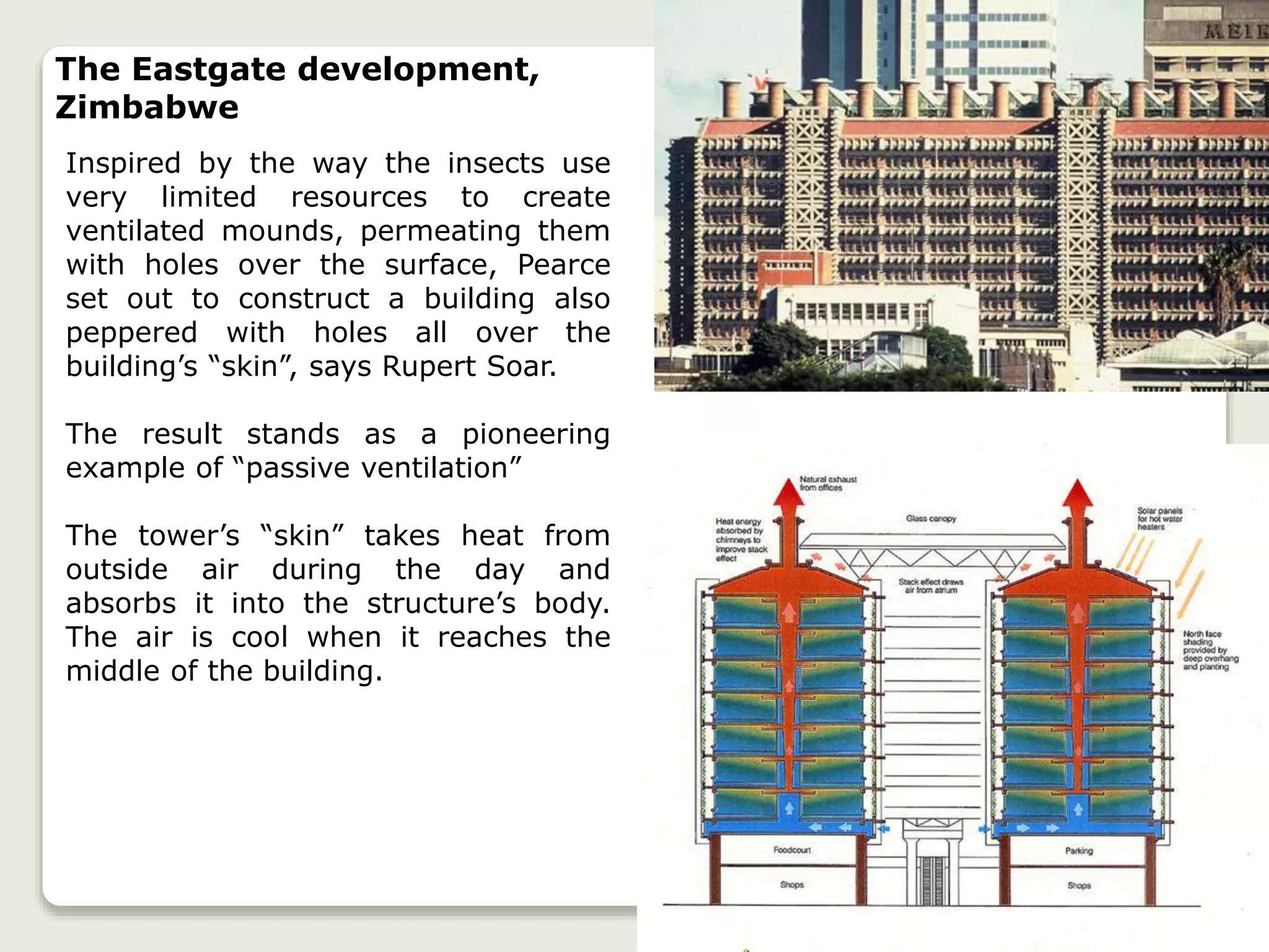 The Eastgate development,
Zimbabwe
Inspired by the way the insects use
very limited resources to create
ventilated mounds, permeating them
with holes over the surface, Pearce
set out to construct a building also
peppered with holes all over the
building’s “skin”, says Rupert Soar.
The result stands as a pioneering
example of “passive ventilation”
The tower’s “skin” takes heat from
outside air during the day and
absorbs it into the structure’s body.
The air is cool when it reaches the
middle of the building.
 