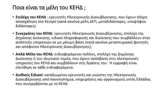 Ποια είναι τα μέλη του ΚΕΗΔ ;
• Στελέχη του ΚΕΗΔ : ερευνητές Ηλεκτρονικής Διακυβέρνησης, που έχουν πλήρη
απασχόληση στο Κέντρο (κατά κανόνα μέλη ΔΕΠ, μεταδιδάκτορες, υποψήφιοι
διδάκτορες)
• Συνεργάτες του ΚΕΗΔ: ερευνητές Ηλεκτρονικής Διακυβέρνησης, στελέχη της
Δημόσιας Διοίκησης, ειδικοί πληροφορικής και διοίκησης που συμβάλλουν στην
ανάπτυξη υπηρεσιών σε μη μόνιμη βάση (κατά κανόνα μεταπτυχιακοί φοιτητές
και απόφοιτοι Ηλεκτρονικής Διακυβέρνησης).
• Απλά Μέλη του ΚΕΗΔ: ενδιαφερόμενοι πολίτες, στελέχη της Δημόσιας
Διοίκησης ή του ιδιωτικού τομέα, που έχουν πρόσβαση στις ηλεκτρονικές
υπηρεσίες του ΚΕΗΔ και συμβάλλουν στις δράσεις του. Η εγγραφή είναι
ελεύθερη σε κάθε ενδιαφερόμενο.
• Διεθνείς Ειδικοί: καταξιωμένοι ερευνητές και γνώστες της Ηλεκτρονικής
Διακυβέρνησης από πανεπιστήμια, επιχειρήσεις και οργανισμούς εκτός Ελλάδας
που συνεργάζονται με το ΚΕΗΔ
 