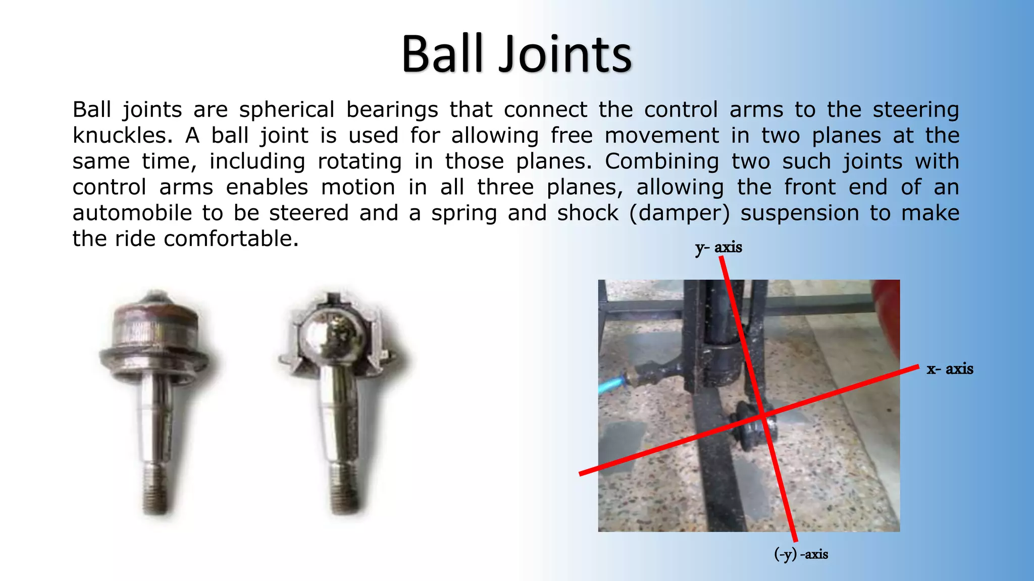 Ball joints are spherical bearings that connect the control arms to the steering
knuckles. A ball joint is used for allowing free movement in two planes at the
same time, including rotating in those planes. Combining two such joints with
control arms enables motion in all three planes, allowing the front end of an
automobile to be steered and a spring and shock (damper) suspension to make
the ride comfortable.
Ball Joints
x- axis
y- axis
(-y) -axis
 