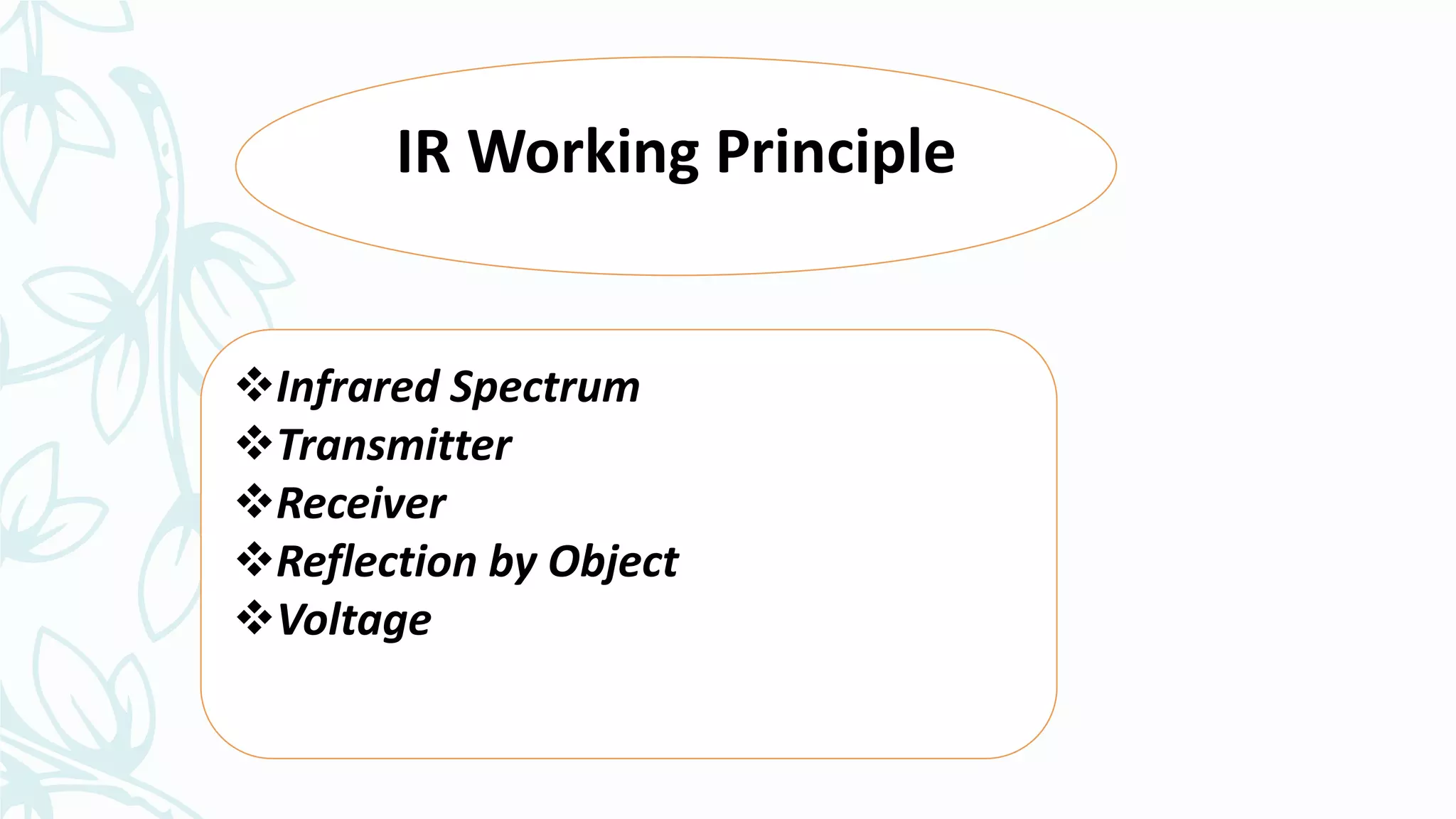 IR Working Principle
Infrared Spectrum
Transmitter
Receiver
Reflection by Object
Voltage
 