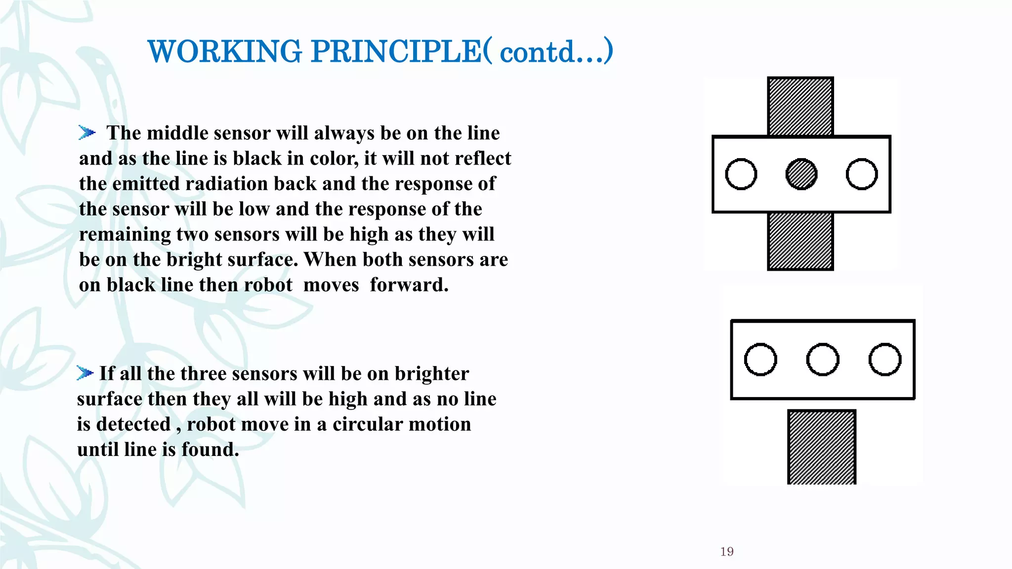 WORKING PRINCIPLE( contd…)
19
The middle sensor will always be on the line
and as the line is black in color, it will not reflect
the emitted radiation back and the response of
the sensor will be low and the response of the
remaining two sensors will be high as they will
be on the bright surface. When both sensors are
on black line then robot moves forward.
If all the three sensors will be on brighter
surface then they all will be high and as no line
is detected , robot move in a circular motion
until line is found.
 