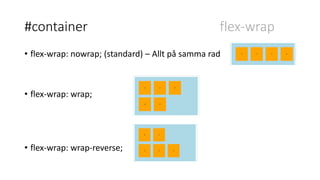 #container flex-wrap
• flex-wrap: nowrap; (standard) – Allt på samma rad
• flex-wrap: wrap;
• flex-wrap: wrap-reverse;
 