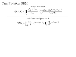 The Poisson SBM
Model likelihood:
P(A|λ, b) =
i<j
λ
Aij
bibj
e
−λbibj
Aij!
×
i
(λbibi /2)Aii/2
e−λbibi
/2
(Aii/2)!
Noninformative prior for λ:
P(λ|b) =
r<s
nrns
¯λ
e−nrnsλrs/¯λ
×
r
n2
r
2¯λ
e−n2
rλrs/2¯λ
 
